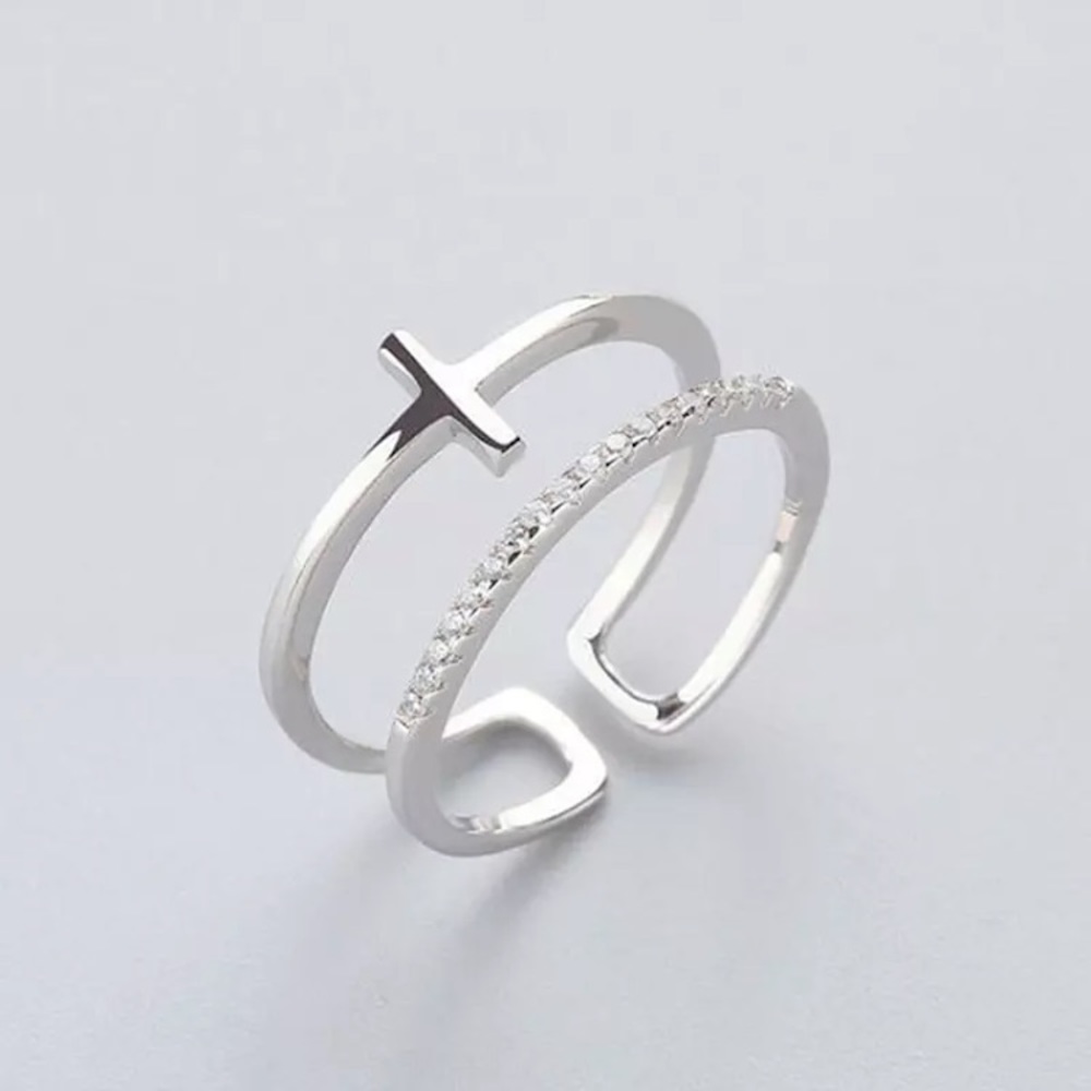 "Light of Mine" Cross Diamond Christian Religious Faith Layered Double Gift Ring